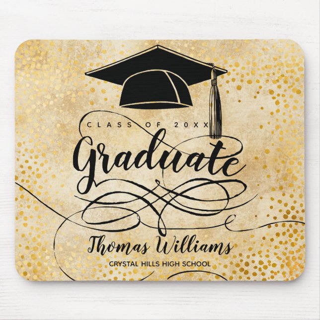 Abschluss Black Grad Cap Script Gold Mousepad (Vorne)