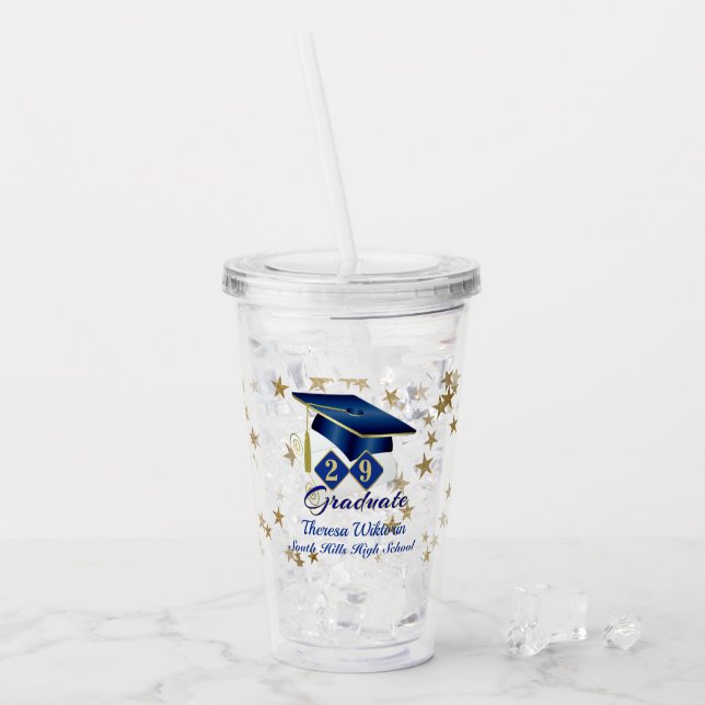 Abschluss Blue Gold Stars Personalisiert Acryltrinkbecher (Vorderseite Ice)