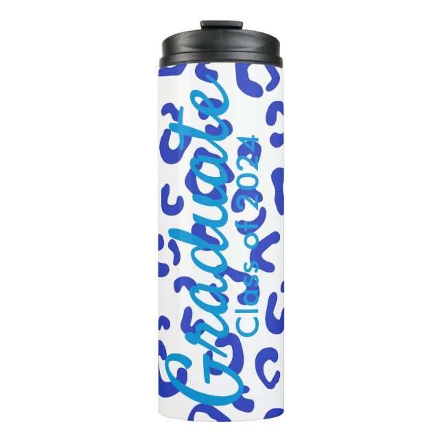 Abschluss Blue Leopard Typografie Thermosbecher (Vorderseite)