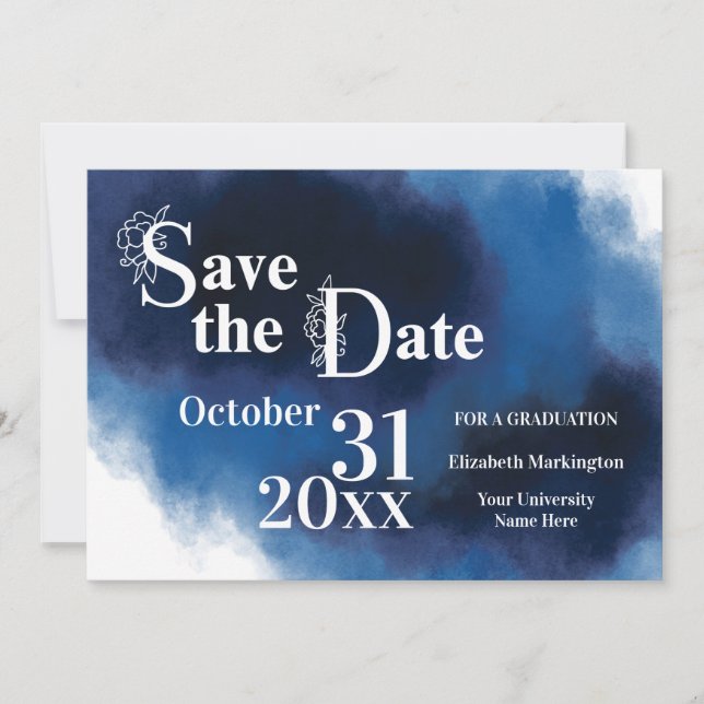 Abschluss Blue Modern Blumen Letter Einfach Save The Date (Vorderseite)