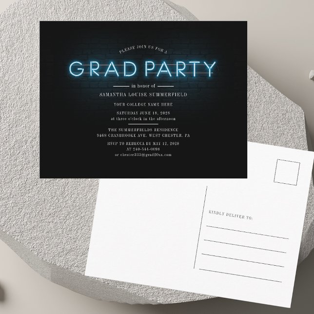 Abschluss Blue Neon Grad 2025 Party Einladungspostkarte (Graduation Blue Neon Grad 2025 Party Invitation Postcard)