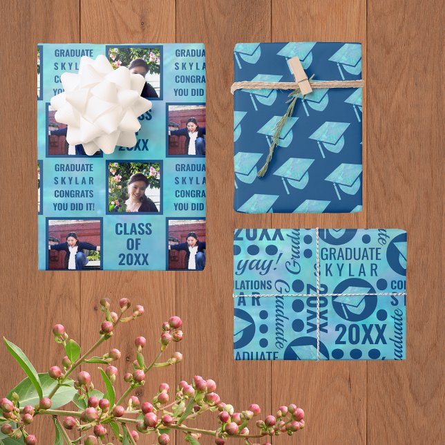 Abschluss Blue Opal Trendy Assortiment Foto Geschenkpapier Set (Von Creator hochgeladen)