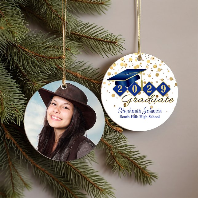 Abschluss Blue und Gold 20xx Foto Keramik Ornament (Graduation Blue and Gold Photo Ceramic Ornament)