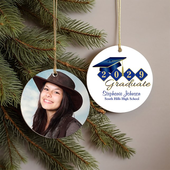 Abschluss Blue und Gold Classic 20XX Foto Keramik Ornament (Graduation Blue and Gold Classic 20XX Photo Ceramic Ornament)