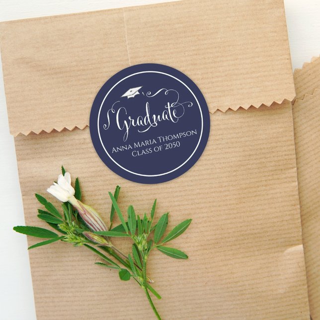 Abschluss Calligraphy Script Simple Navy Blue Runder Aufkleber (Von Creator hochgeladen)