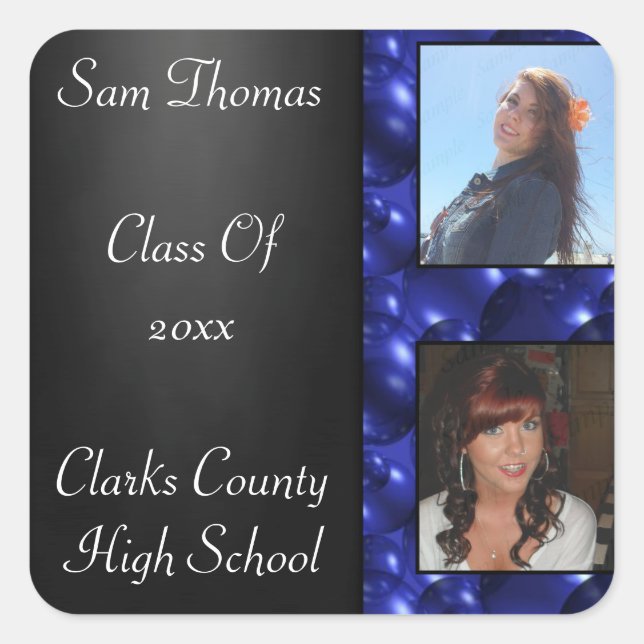 Abschluss Chalkboard 2 Fotos Blauer Glass - Blasen Quadratischer Aufkleber (Vorderseite)