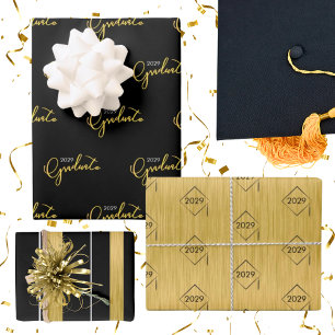 Abschluss Class of Black Gold Modernes Muster Geschenkpapier Set