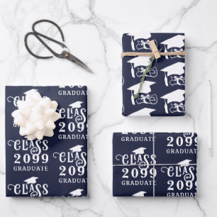 Abschluss Class Year Navy Blue White Cap Diploma Geschenkpapier Set