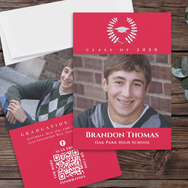 Abschluss Classic Foto Crimson Red Laurel Blätter Einladung (Von Creator hochgeladen)