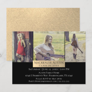 Abschluss Collage   Gold Elegant Grad 3 Foto Einladung