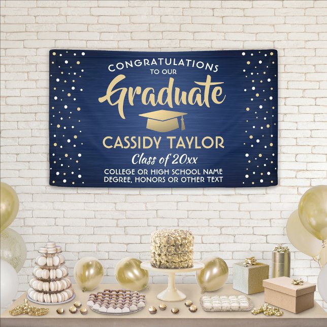 Abschluss Confetti Brushed Navy Blue Gold & White Banner (Von Creator hochgeladen)