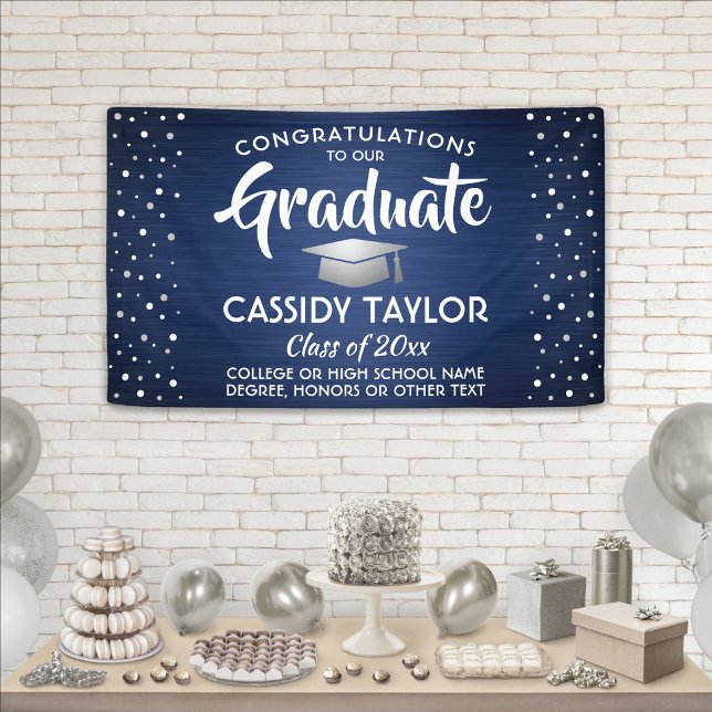 Abschluss Confetti Brushed Navy Blue White Silver Banner (Von Creator hochgeladen)