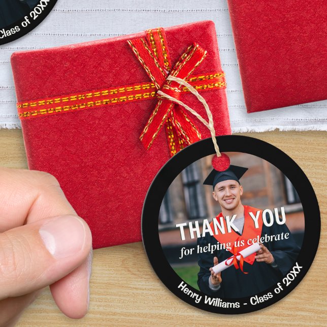 Abschluss Custom Foto Name and Year Vielen Dank Geschenkanhänger ('Thank You' favor tags for graduation celebrations, with custom photo, graduate's name and the year)