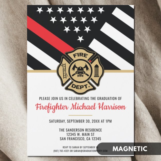 Abschluss der Feuerwehr-Akademie Rote Linie Magneteinladung (Firefighter Fire Academy Red Line Flag Graduation Magnetic Invitation)