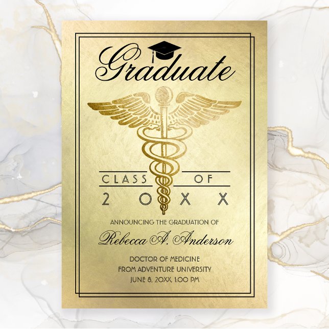 Abschluss Doctor Caduceus Gold Grad Cap Ankündigung (Medical Gold Cadences Graduation Announcement)