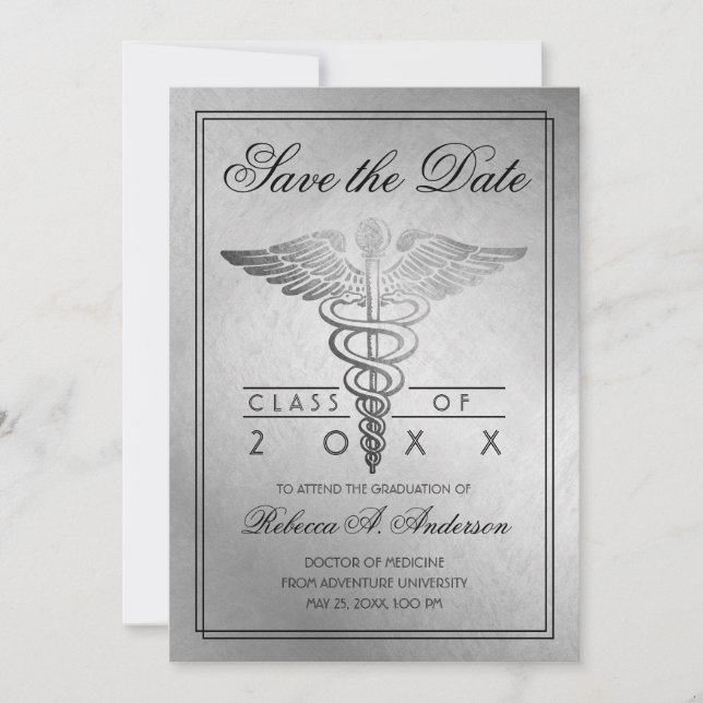 Abschluss Doctor Caduceus Silver Elegant Save The Date (Vorderseite)