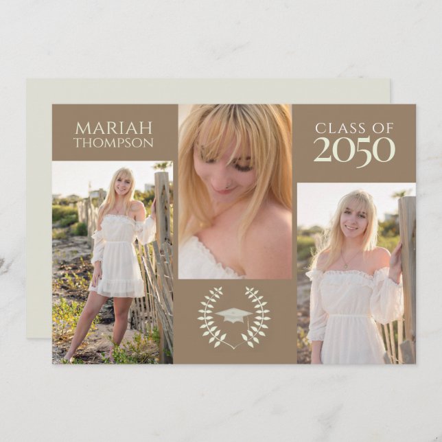 Abschluss Drei Foto Einfach neutrales Kreativ Einladung (Vorne/Hinten)