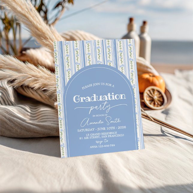 Abschluss-Einladung mit blauem Streifen und floral Einladung (Von Creator hochgeladen)