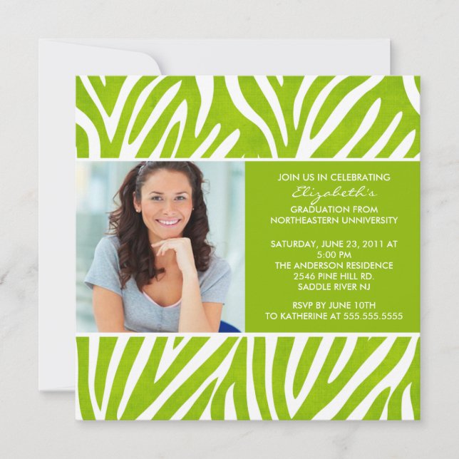Abschluss Einladung mit Foto Lime Green Zebra (Vorderseite)
