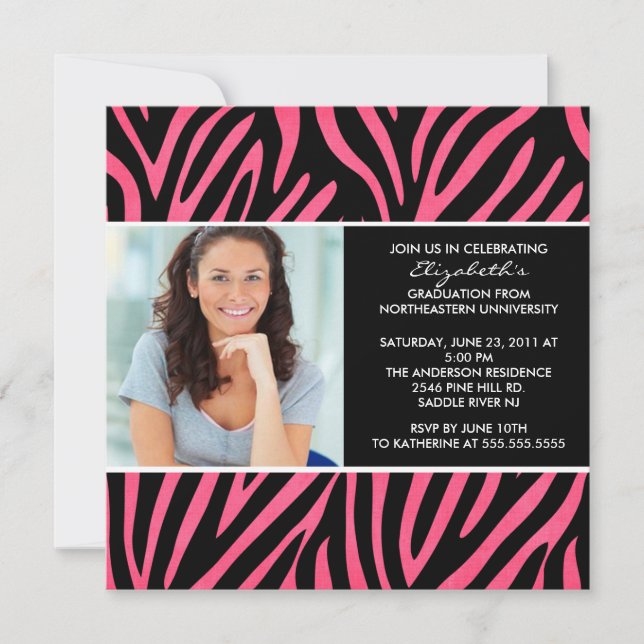 Abschluss Einladung mit Foto Pink Zebra Print (Vorderseite)