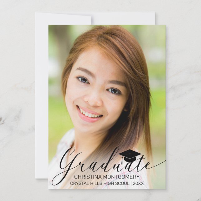 Abschluss Elegant Black Script Grad Cap Foto Ankündigung (Vorderseite)
