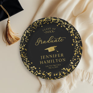 Abschluss Elegant Gold Konfetti Auf Schwarz Abitur Pappteller