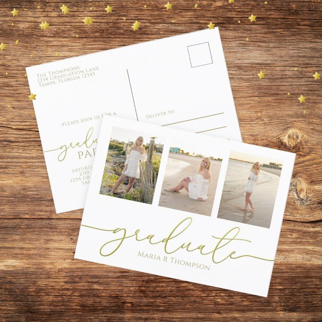 Abschluss Elegant Minimalistisch Drei Foto Einfach Postkarte (Graduation photo postcard with a two-photo template and gold calligraphy.)