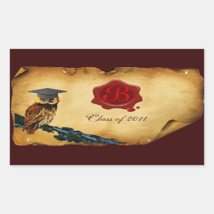 ABSCHLUSS-EULEN-PERGAMENT UND ROTES RECHTECKIGER AUFKLEBER