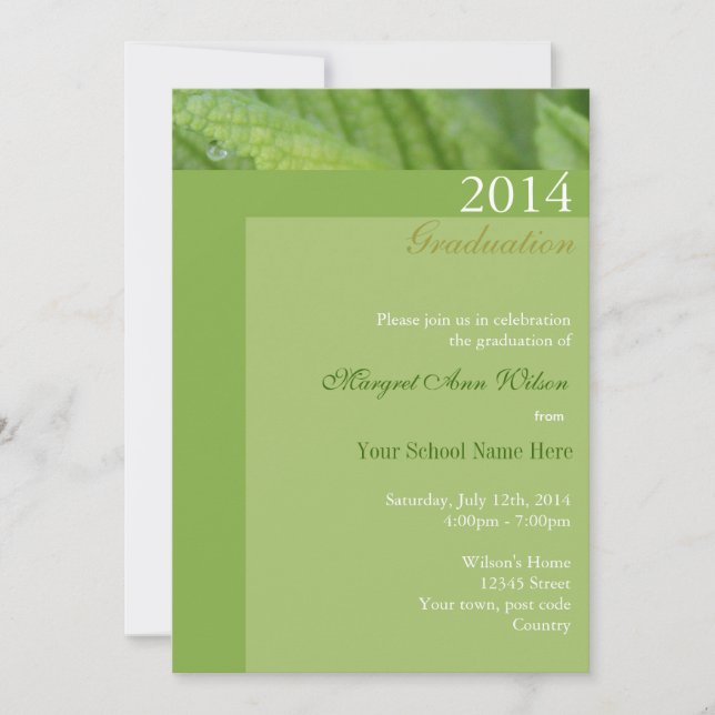 Abschluss-Feierlichkeiten auf grünem Blatt. Einladung (Vorderseite)