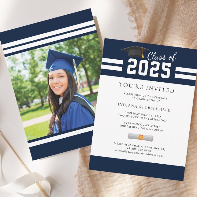 Abschluss Foto 2025 Navy Blue Grad Party Einladung (Graduation Photo 2025 Navy Blue Grad Party Invitation)
