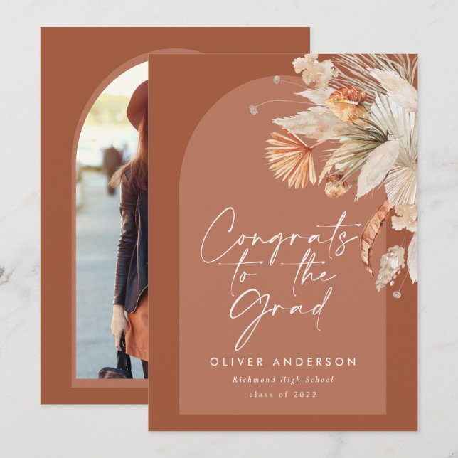 Abschluss Foto Bogen Terracotta Pampas botanisch Einladung (Vorne/Hinten)