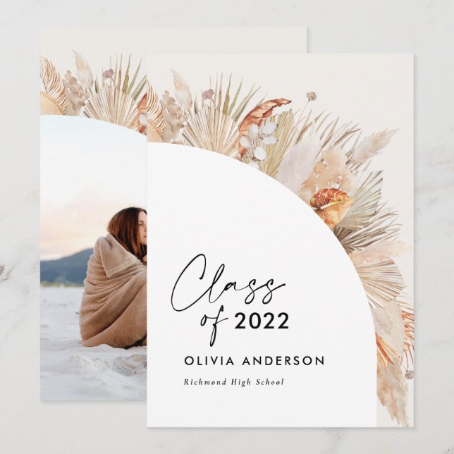 Abschluss Foto Bogen Terracotta Pampas botanisch Einladung (Vorne/Hinten)