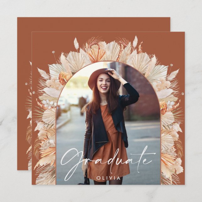 Abschluss Foto Bogen Terracotta Pampas botanisch Einladung (Vorne/Hinten)
