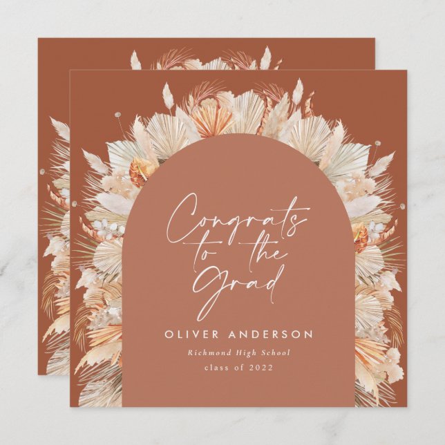 Abschluss Foto Bogen Terracotta Pampas botanisch Einladung (Vorne/Hinten)