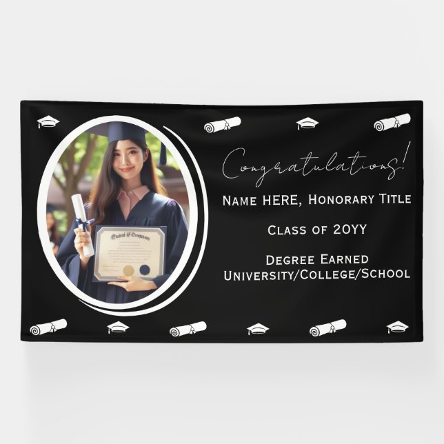 Abschluss Foto & Cap, Diplom in Schwarz und Weiß Banner (Horizontal)
