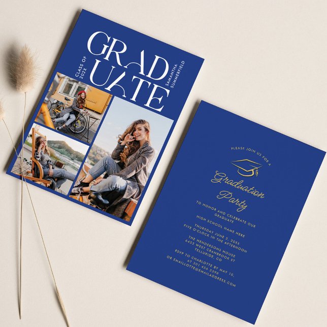 Abschluss Foto Collage Blue 2025 Graduate Party Einladung (Graduation Photo Collage 2024 Party Invitation)