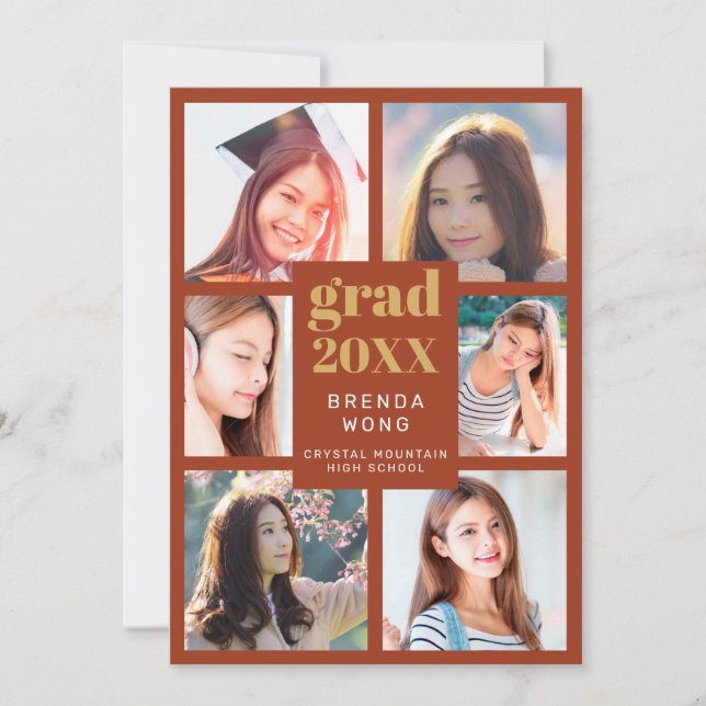 Abschluss Foto Collage Gold Weißes Script Orange Ankündigung (Vorderseite)