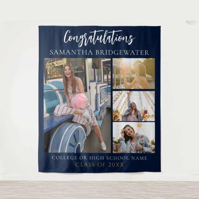 Abschluss Foto Collage Navy Blue 2025 Hintergrund Wandteppich (Vorderseite)