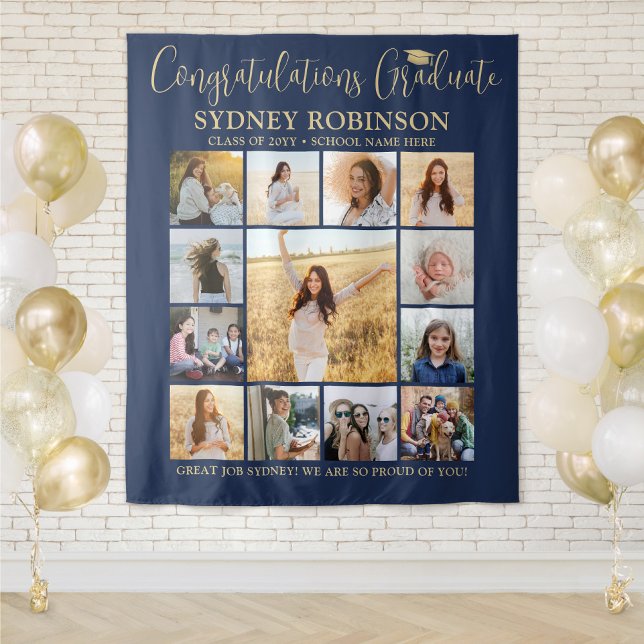 Abschluss Foto Collage Navy Blue & Gold Hintergrun Wandteppich (Von Creator hochgeladen)