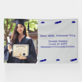 Abschluss-Foto, Diplom und Cap auf Blaue Vorlage Banner