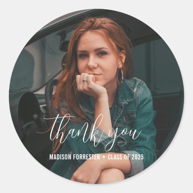 Abschluss Foto | Elegant Dankeschön Script Runder Aufkleber (Vorderseite)
