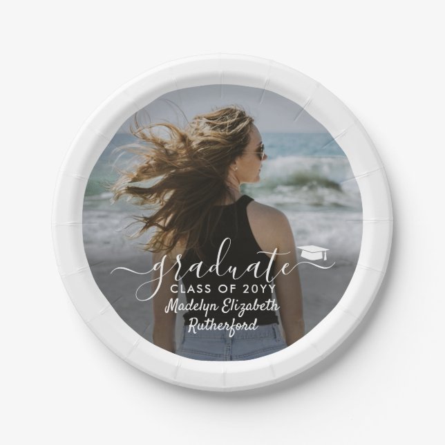 Abschluss Foto & Elegantes Jahr für weiße Skripte Pappteller (Vorderseite)