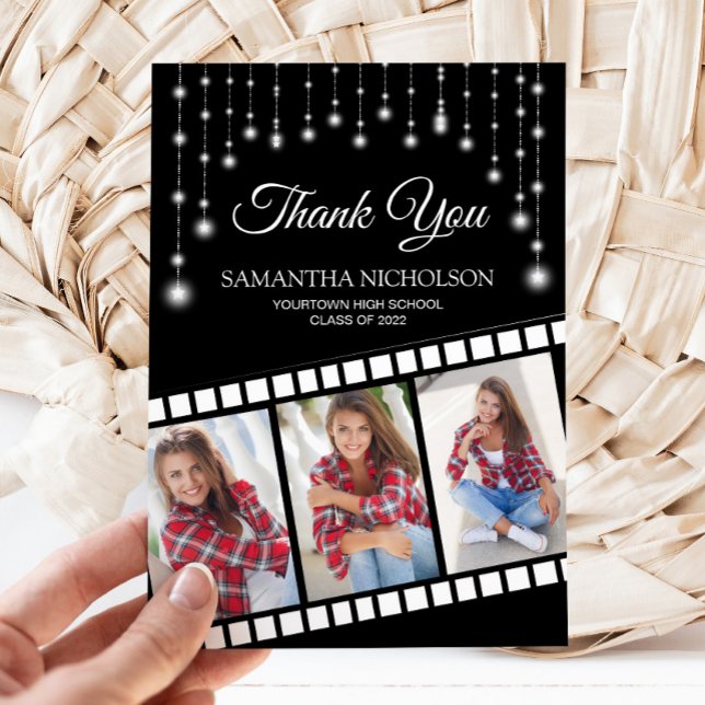 Abschluss Foto Filmregisseur Filmstar Vielen Dank Dankeskarte (Black and silver glitter graduation filmstrip 3-photo Thank you card)