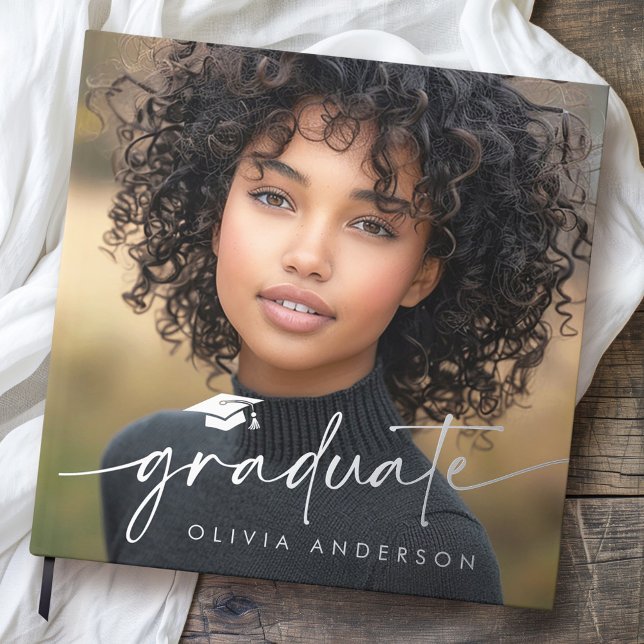 Abschluss Foto Gästebuch (Graduation photo elegant script graduate guest book)