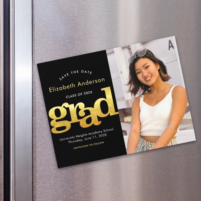 Abschluss Foto Gold Schwarze Typografie Rett Magneteinladung (Von Creator hochgeladen)