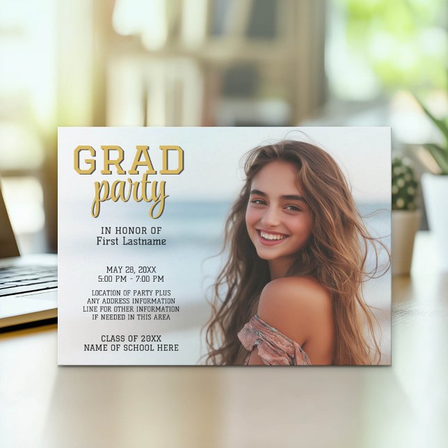 Abschluss Foto - Grand Party Script Gold Einladung (Graduation Party Invitation with Photo)