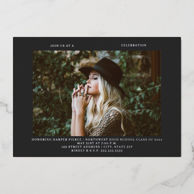 Abschluss Foto Line Art Dunkelgrau Folieneinladung (Vorderseite)