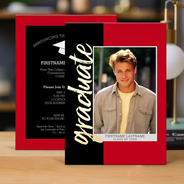 Abschluss Foto mit modernem Script in Rot Folieneinladung (Red and Black Graduation Invitation)