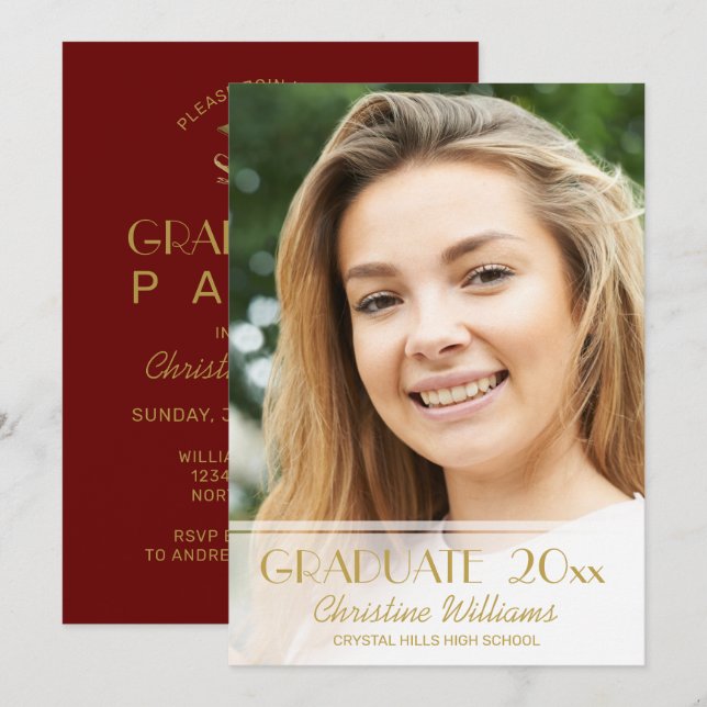 Abschluss Foto Red Gold Script 2023 Grad Party Einladung (Vorne/Hinten)