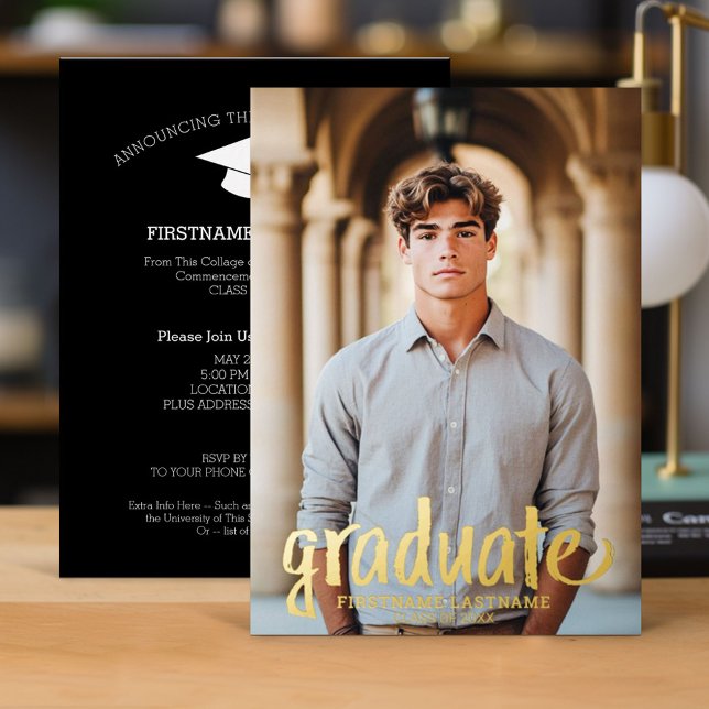 Abschluss Foto - Rustikales Skript mit Grad Party Folieneinladung (Graduation Invitation)